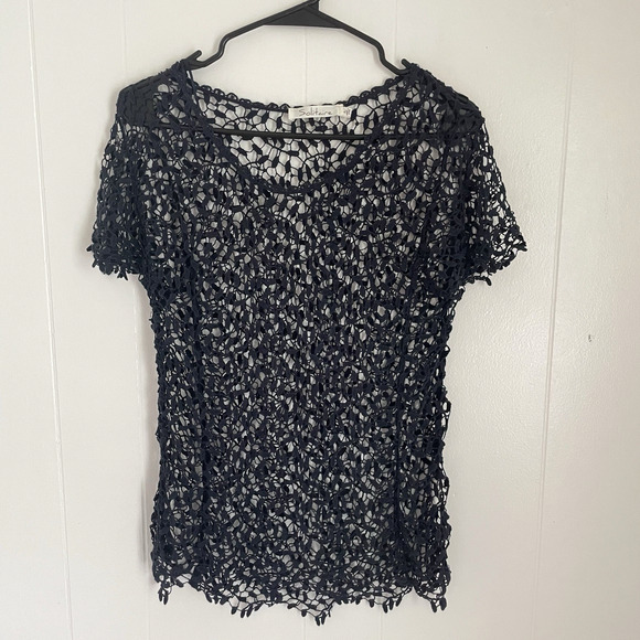 Navy Crochet Cotton Top L Boho Beachy Mesh Knit Festival Layering Shirt - Picture 1 of 7